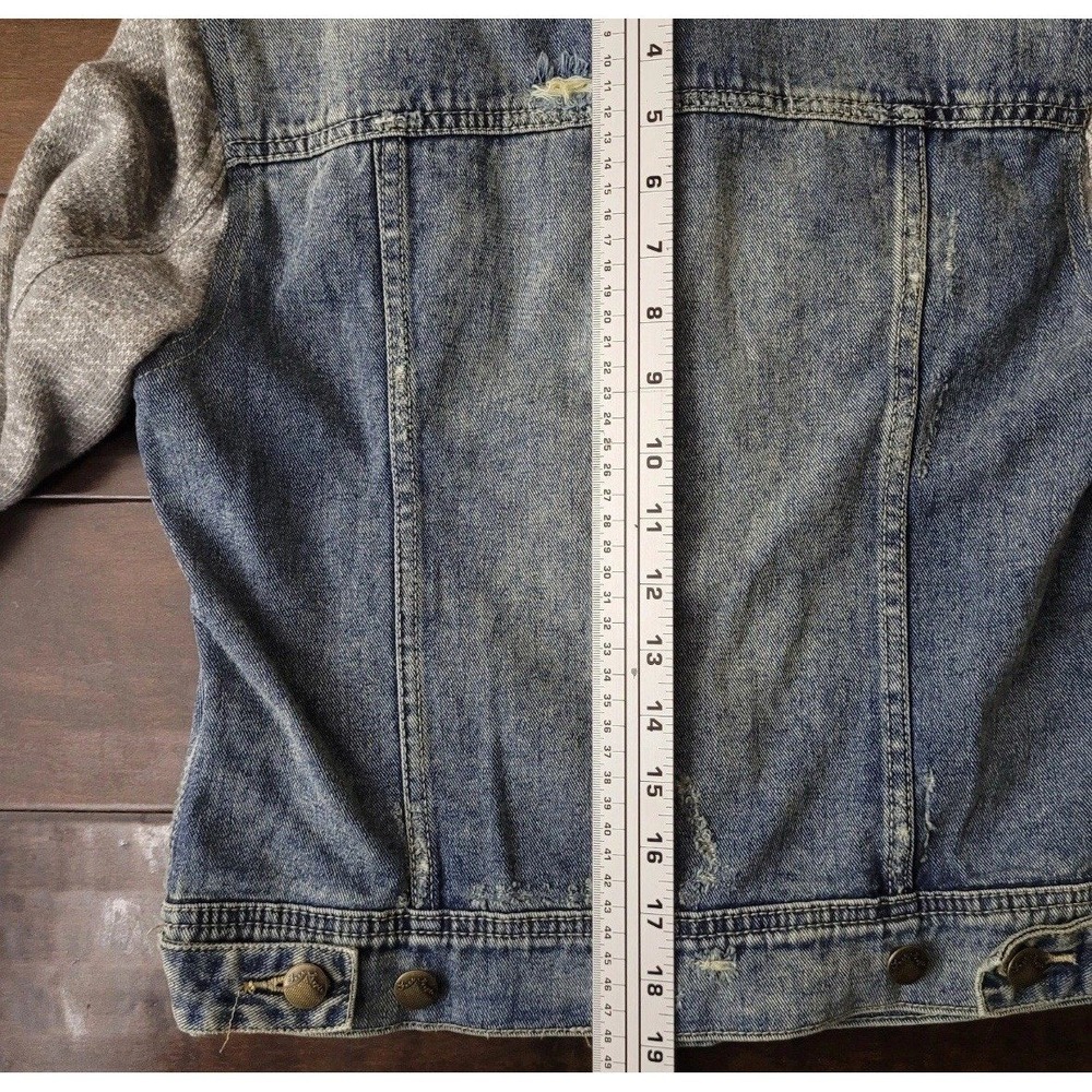 $168 We The Free People S/4 Small Denim Jean Hoodie Trucker Jacket Button Up EUC - Picture 6 of 7